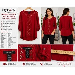 Style & Co Large  Red Women's blouse3/4  Tab Sleeve High Low Blouse Tunic